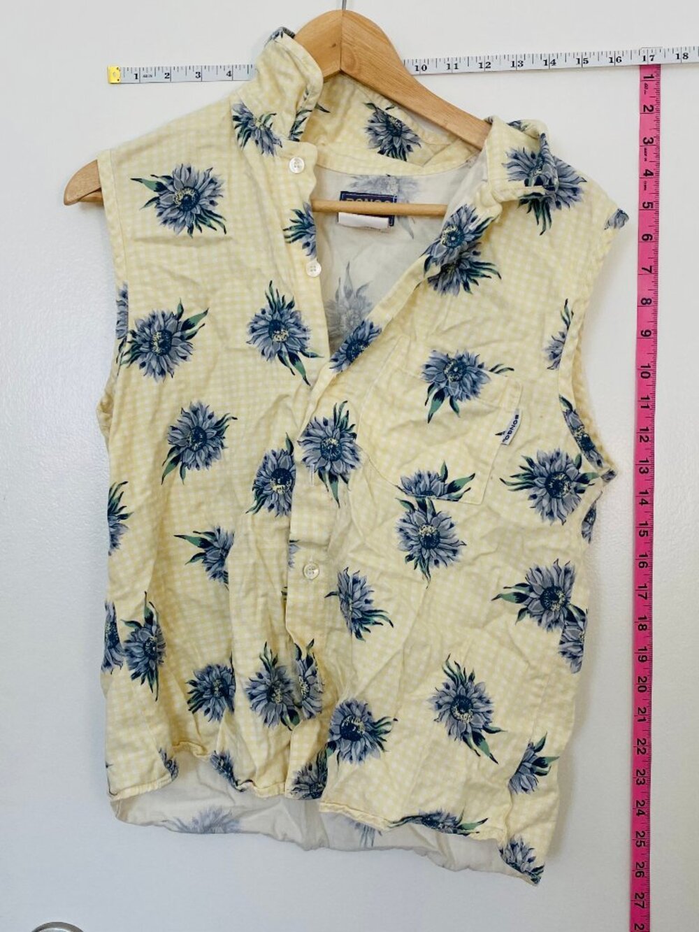 Vintage Bongo Yellow Gingham Sunflower Print Sleeveless Button Up Top